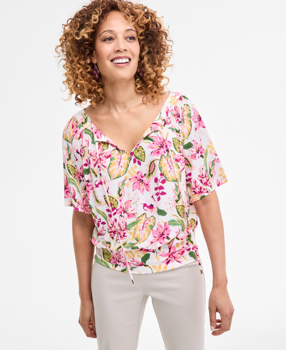 Women's Printed Split-Neck Elbow-Sleeve Top, Exclusively at Macy's - Magnolia Blossom Combo