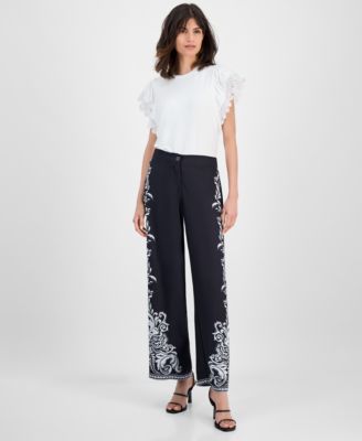 T Tahari - Women's Wide-Leg Leaf-Print Straight-Leg Pants