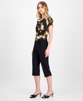 Anne Klein Womens Floral Print Cowlneck Short Sleeve Blouse Belted Pedal Pusher Urban Stretch Pull On Capri Pan In Black