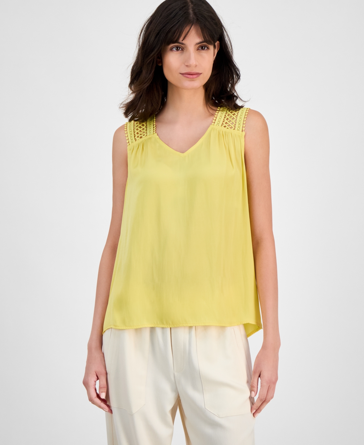 T Tahari Women's V-neck Sleeveless Lace-shoulder Top
