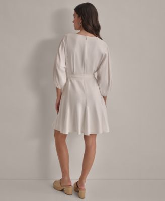 Women's V-neck Embroidered-trim Belted Dress