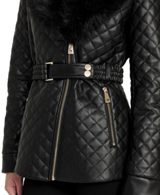 Women's Quilted Faux-Fur-Collar Faux-Leather Jacket