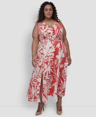 DKNY - Plus Size Printed V-Neck Belted Sleeveless Dress