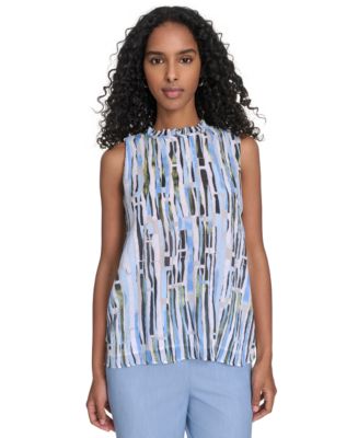 売れ筋商品|||カルバンクライン カットソー トップス レディース Petite Striped Ruffle-Neck Top Light Sky Multi Calvin Klein Petite Striped Ruffle-Neck Top - Macy's