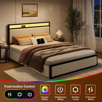 Queen Size Velvet Upholstered Bed Frame with LED Headboard, 2 Drawers, Charging Station