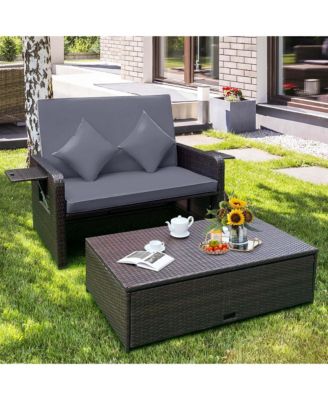 Patio Rattan Loveseat Set Daybed Lounge Storage Ottoman Side Tables Adjust
