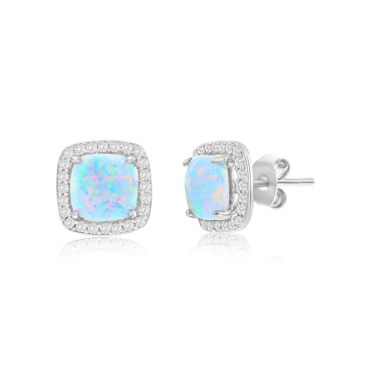 Sterling Silver, White Synthetic Opal Square Halo, Cz Border Earrings - White