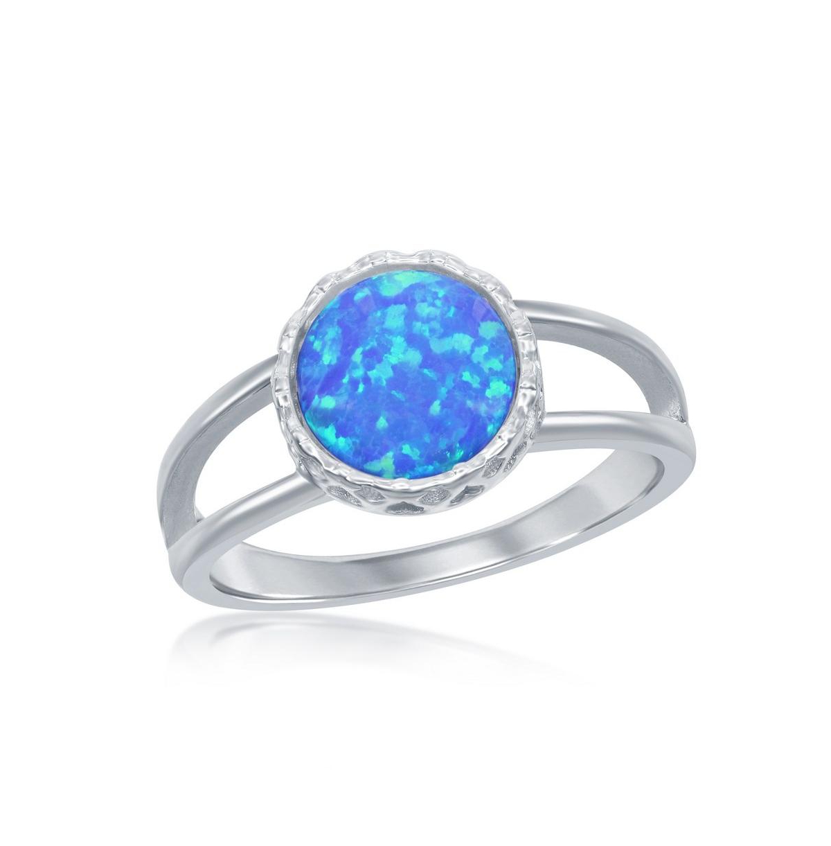 Sterling Silver Round Blue Inlay Synthetic Opal Open Band Ring - Blue