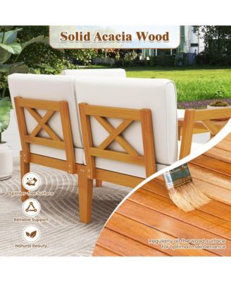 5 PCS Acacia Wood Patio Furniture Set with 2-Tier Coffee Table and Cushions