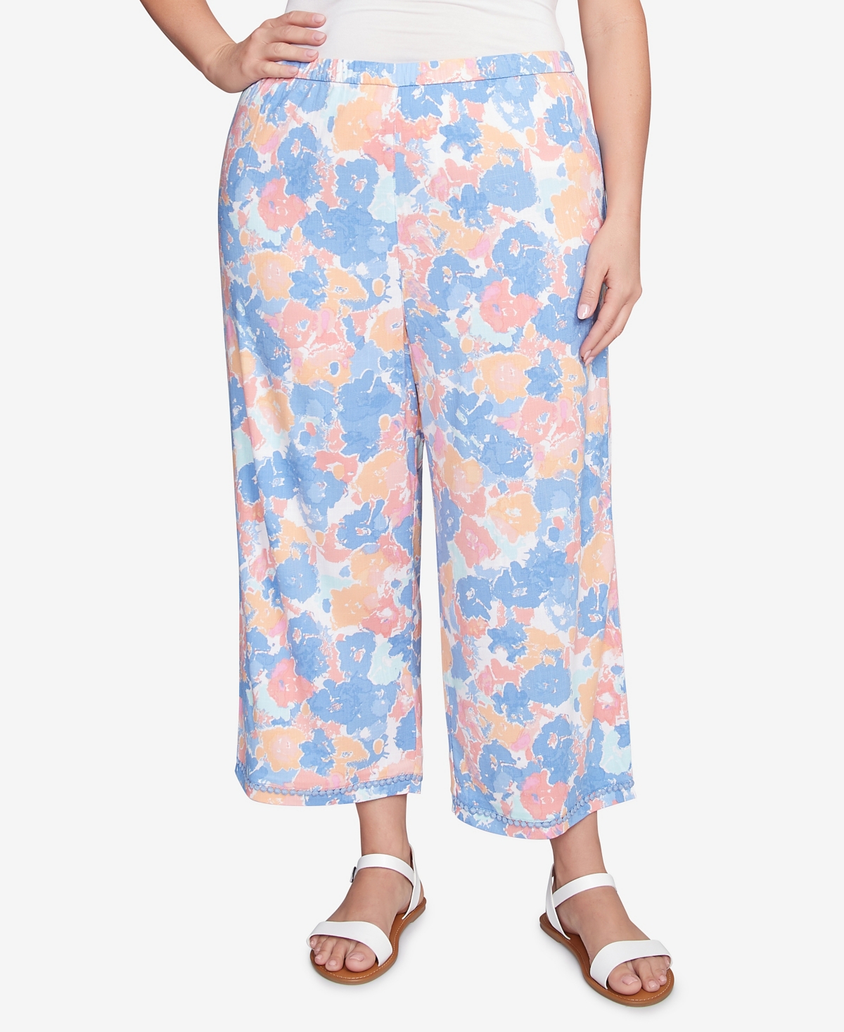 Plus Size Floral Print Soft Capri Pants - Periwinkle Multi