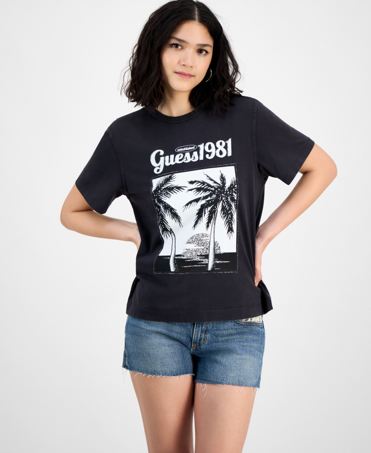 Women's Palm Print Crewneck T-Shirt - Acid Jet Black
