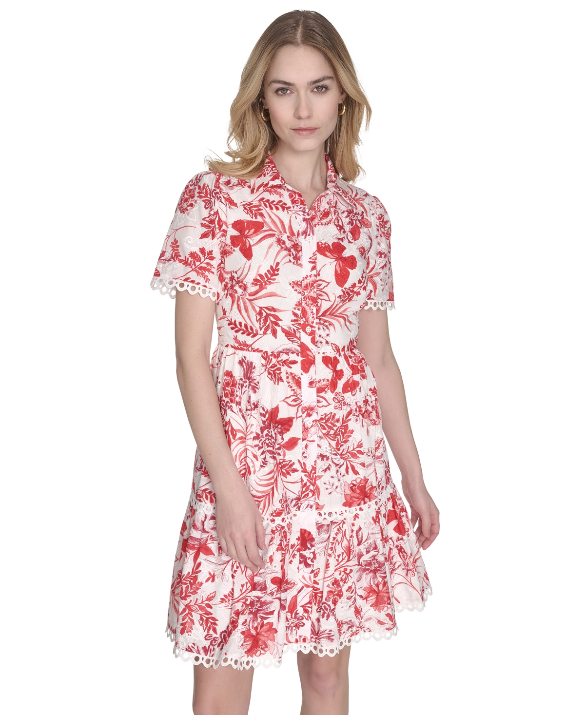ELIZA J WOMEN'S PRINTED BUTTON-FRONT SHORT-SLEEVE COTTON DRESS 