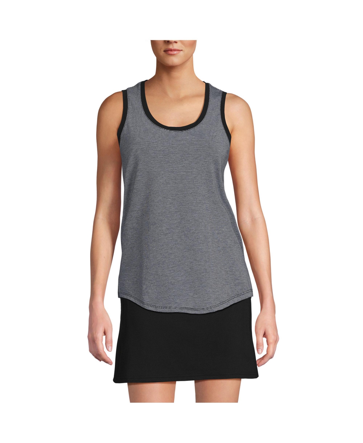 Women's Tall Sleeveless Power Performance Scoop Neck Curved Hem Tunic Tank - Black pinstripe