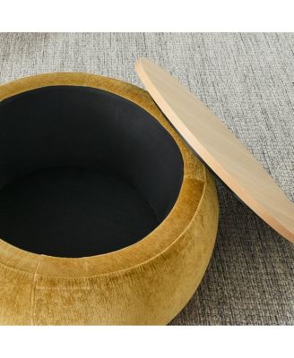 Multifunctional Round Ottoman Coffee Table with Wood Lid Hidden Seat and Storage for Bedroom or Living Room No Assembly Needed