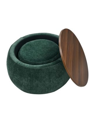 Multifunctional Round Ottoman Coffee Table with Wood Lid Hidden Seat and Storage for Bedroom or Living Room No Assembly Needed