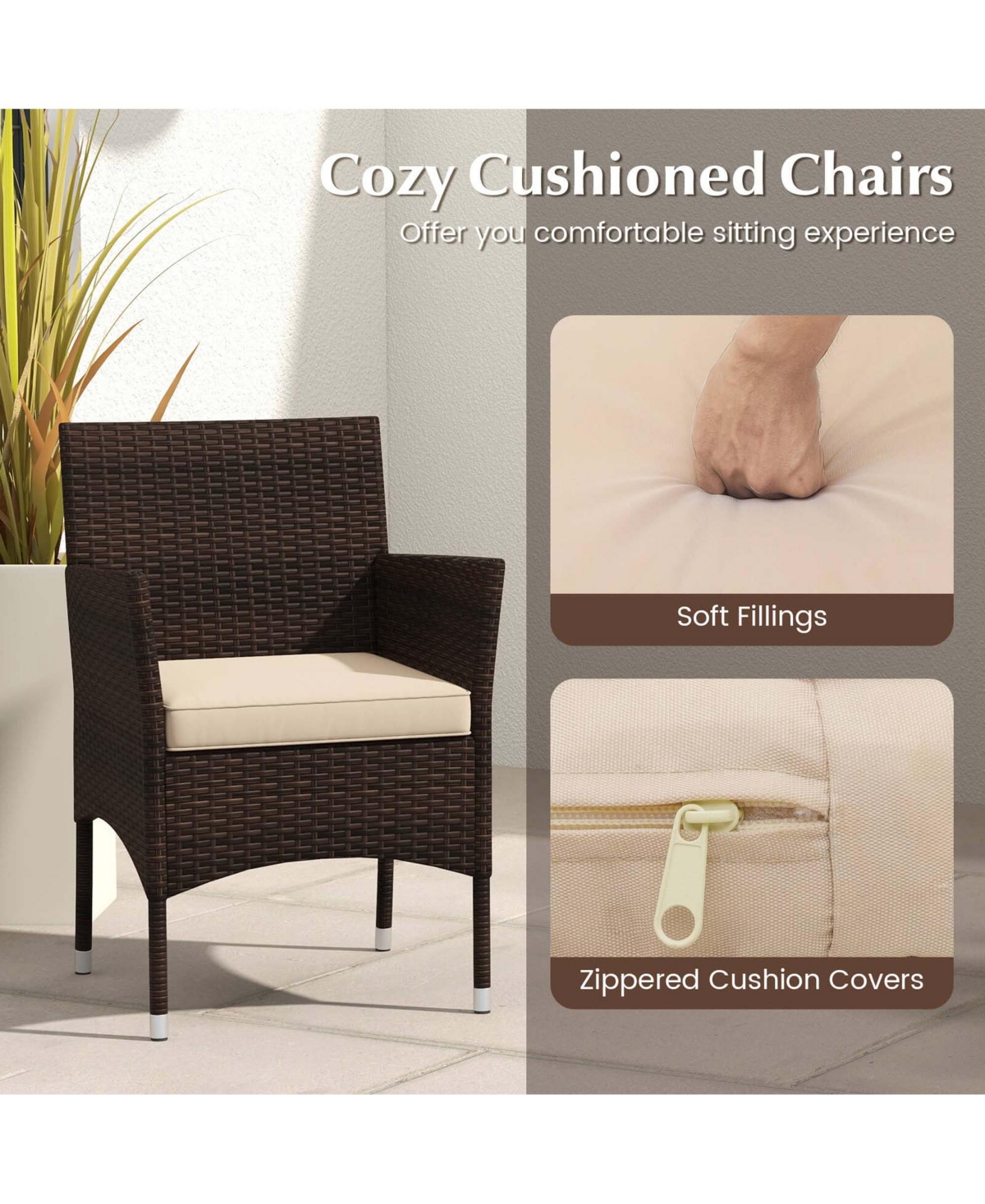 3 Pcs Outdoor Conversation Set with Cushioned Seat & Tempered Glass Tabletop
