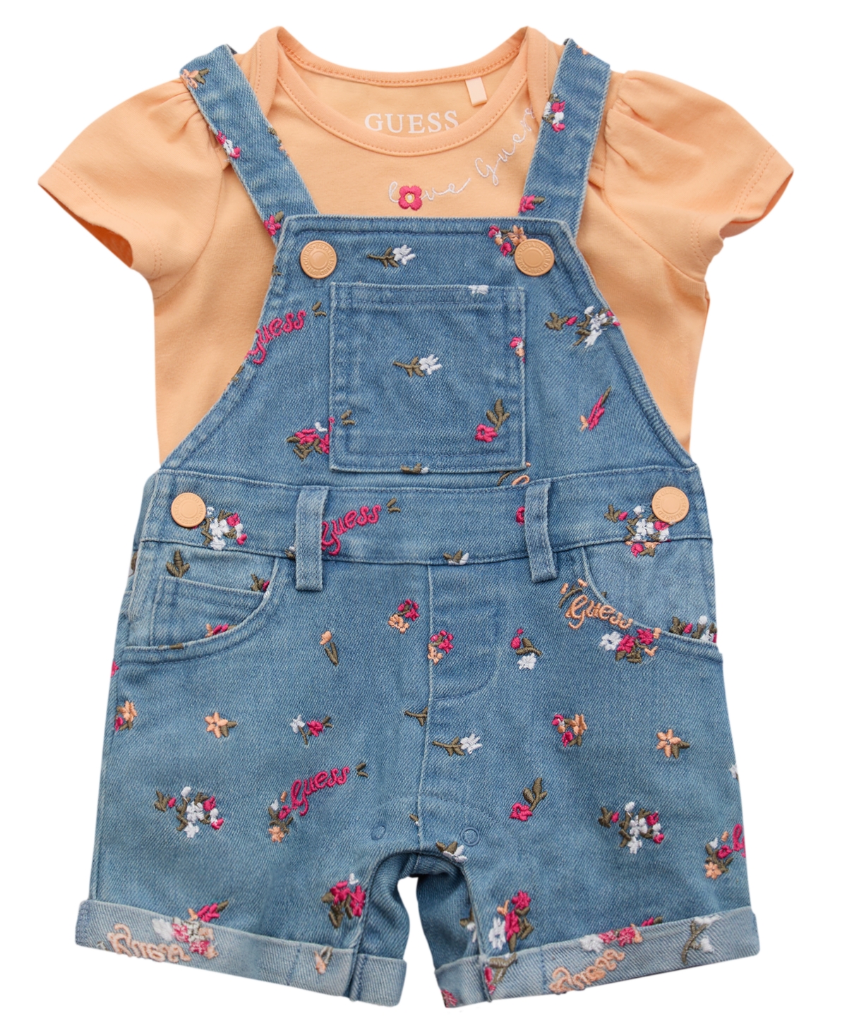 Guess Baby Girls 2-piece Short Sleeve Bodysuit And Stretch Denim Overall Set