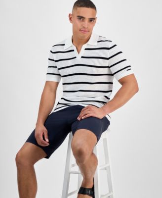 Karl Lagerfeld Striped Open Collar Polo Shirt In White