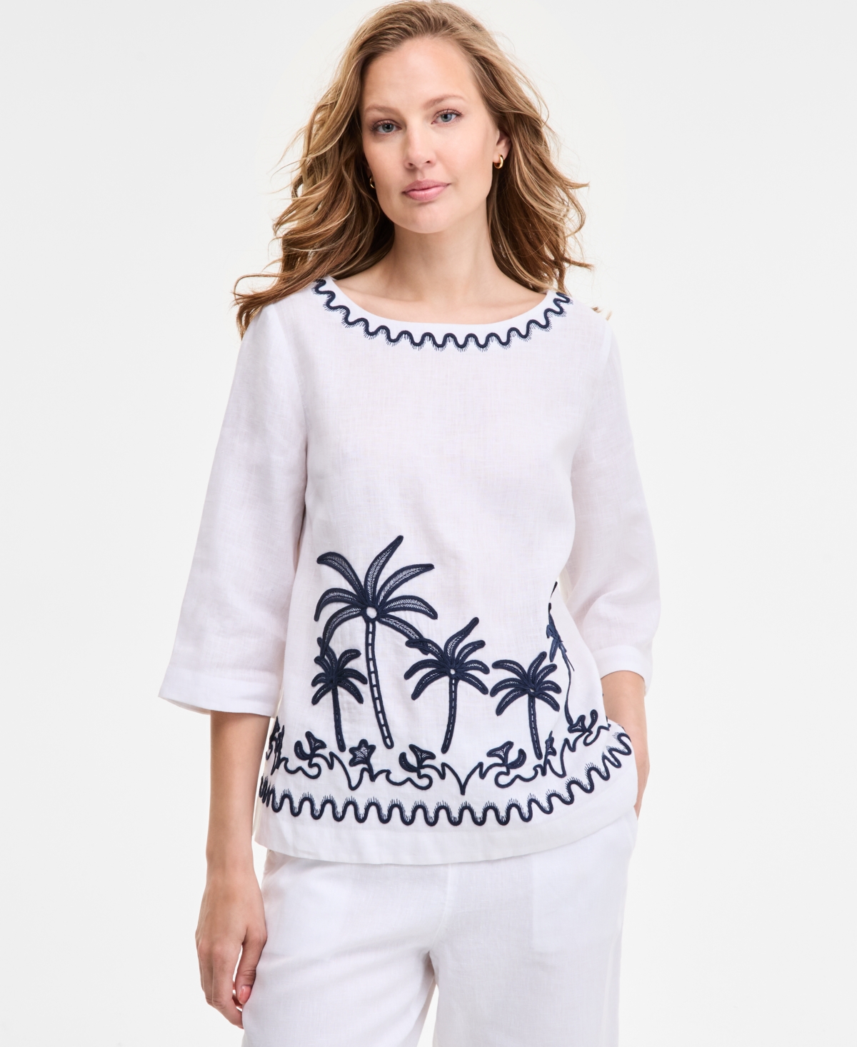 CHARTER CLUB WOMEN'S PALM-APPLIQUE 100% LINEN TOP, EXCLUSIVELY AT MACY'S 