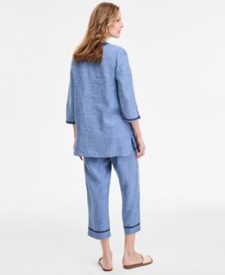 CHARTER CLUB WOMENS 100 LINEN 3 4 SLEEVE TUNIC TOP EMBROIDERED CUFF 100 LINEN WOVEN CROPPED PANTS EXCLUSIVELY AT  