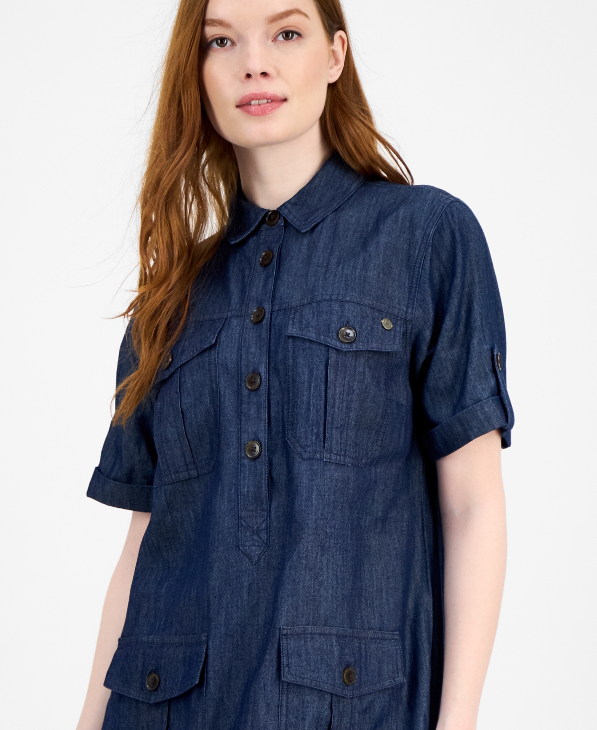 Tommy Hilfiger Women's Chambray Utility Popover Dress In Blue