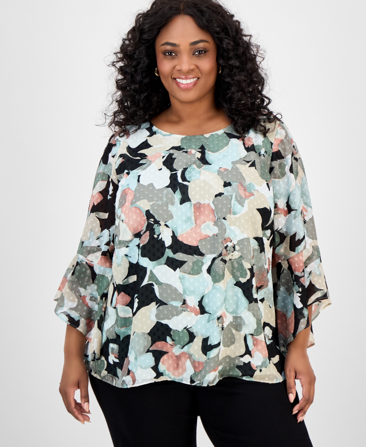 Plus Size Clip-Dot Ruffle-Sleeve Top - Black Multi