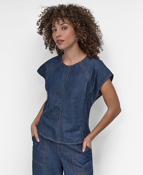 alfani DKNY Women's Cotton Seamed Light-Weight Denim Top Women's Fashion Shoes & Accessories