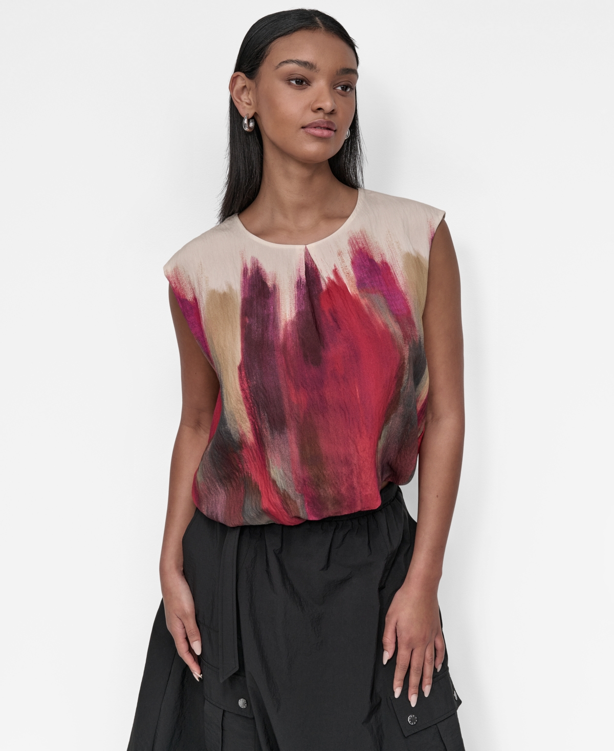 Women's Printed Cap-Sleeve Crewneck Top - June Brush Stroke