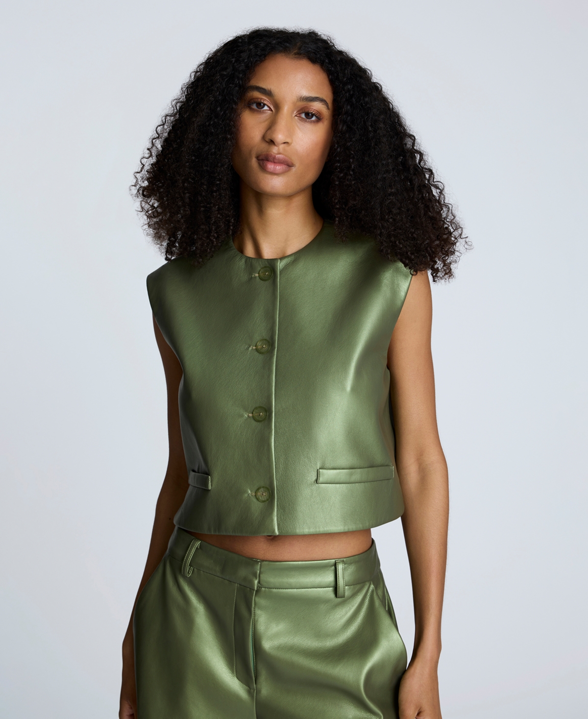 Women's Metallic Faux-Leather Boxy Vest - Cactus Green