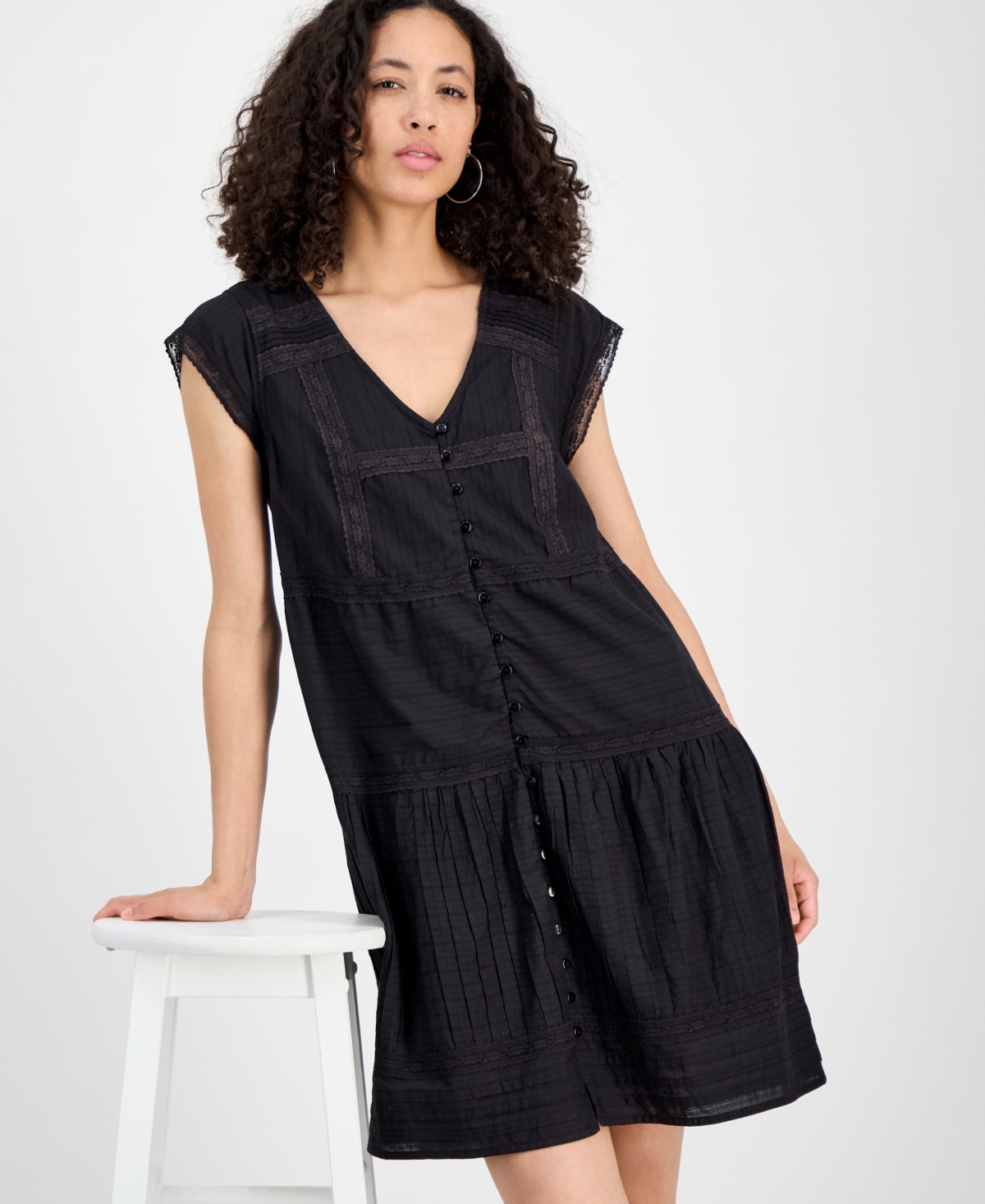 Lucky Brand Women's Cotton Button-front Lace Mini Dress