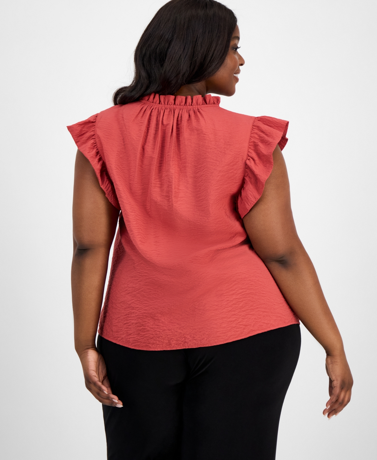 ANNE KLEIN PLUS SIZE RUFFLE-TRIM SPLIT-NECK SLEEVELESS BLOUSE 