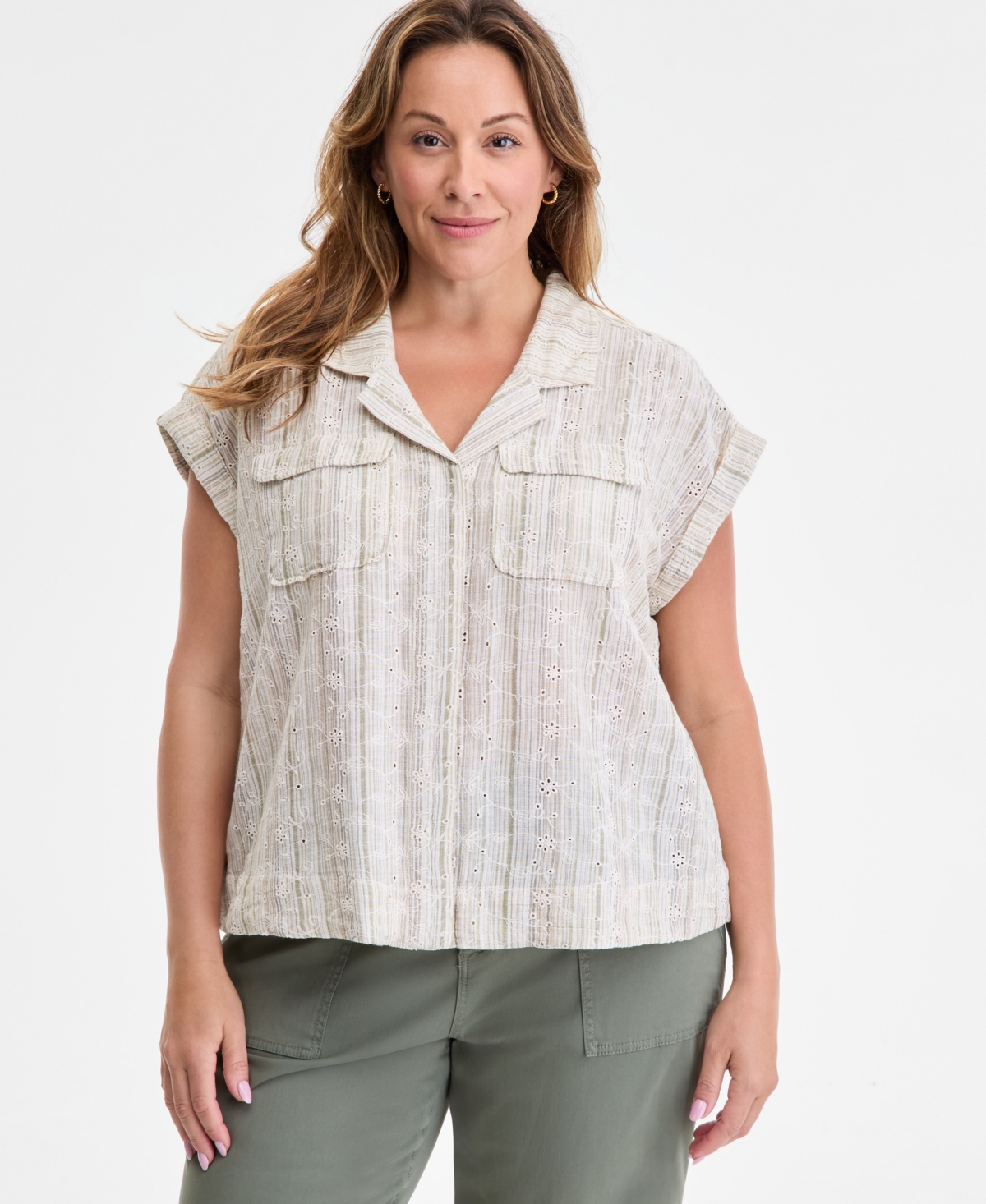 Trendy Plus Size Sleeveless Dolman Camp Shirt - Green/Tan Stripe