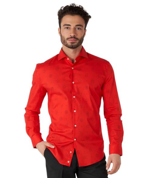 Мужская рубашка OppoSuits Big & Tall Christmas Shirt - Festive Holiday Icons Button Up Dress Shirt - Red - Long sleeve, цвет: Яркий красный