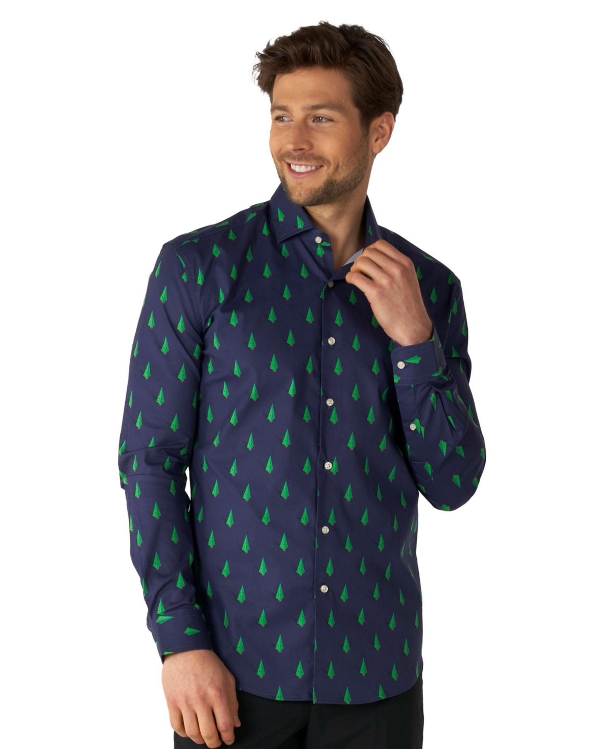 Men's Christmas Shirt - Holiday Festive Pine Tree Design Button Up Dress Shirt - Slim Fit - Navy - Long sleeve - Navy