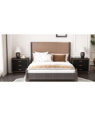 Bedside table with 3 drawers, side table with gold metal handles and feet, end table in black wood, suitable for bedrooms, living rooms, offices