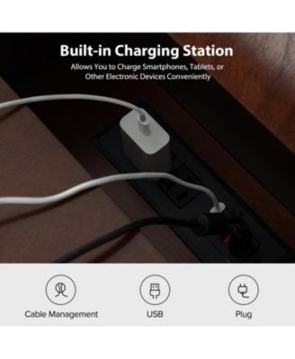 1Pc Mitch Mid-Century End Table with Storage Built-In Outlets & Cup Holder Tray Wood Side Table