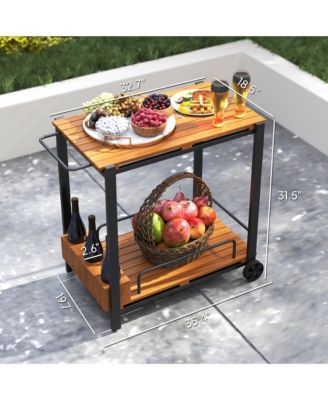 Acacia Wood Outdoor Bar Cart, 2-Tier Outdoor Serving Cart,