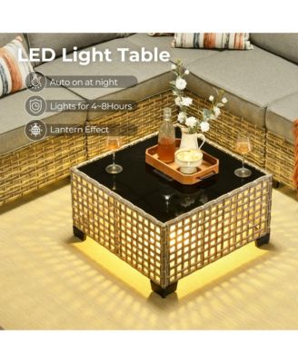 13 Piece Outdoor Patio Furniture Sets with Fire Pit Table,All Weather Wicker Sectional Sofa with Extra Deep Patio Swivel Chairs and Solar PoweRed Coffee Table for