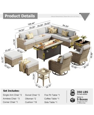 13 Piece Outdoor Patio Furniture Sets with Fire Pit Table,All Weather Wicker Sectional Sofa with Extra Deep Patio Swivel Chairs and Solar PoweRed Coffee Table for