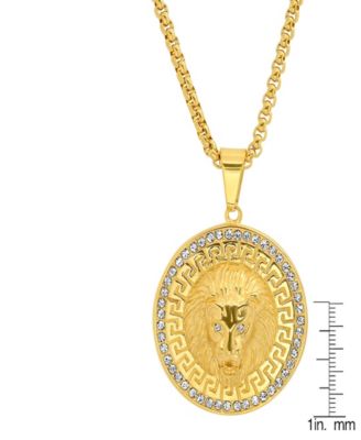 Men's Simulated Diamonds Round Lion Head with Greek Key Accents Pendant Necklace