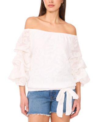 売れ筋商品|||ヴィンスカムート カットソー トップス レディース Plus Size Off-The-Shoulder Lace Bubble-Sleeve Tie-Hem Blouse New Ivory Vince Camuto Women's Textured Off-The-Shoulder Bubble 3/4