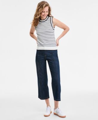 TOMMY HILFIGER WOMENS STRIPED BASKET WEAVE SLEEVELESS SHELL SWEATER WIDE LEG NO WAISTBAND CROPPED DENIM JEANS 