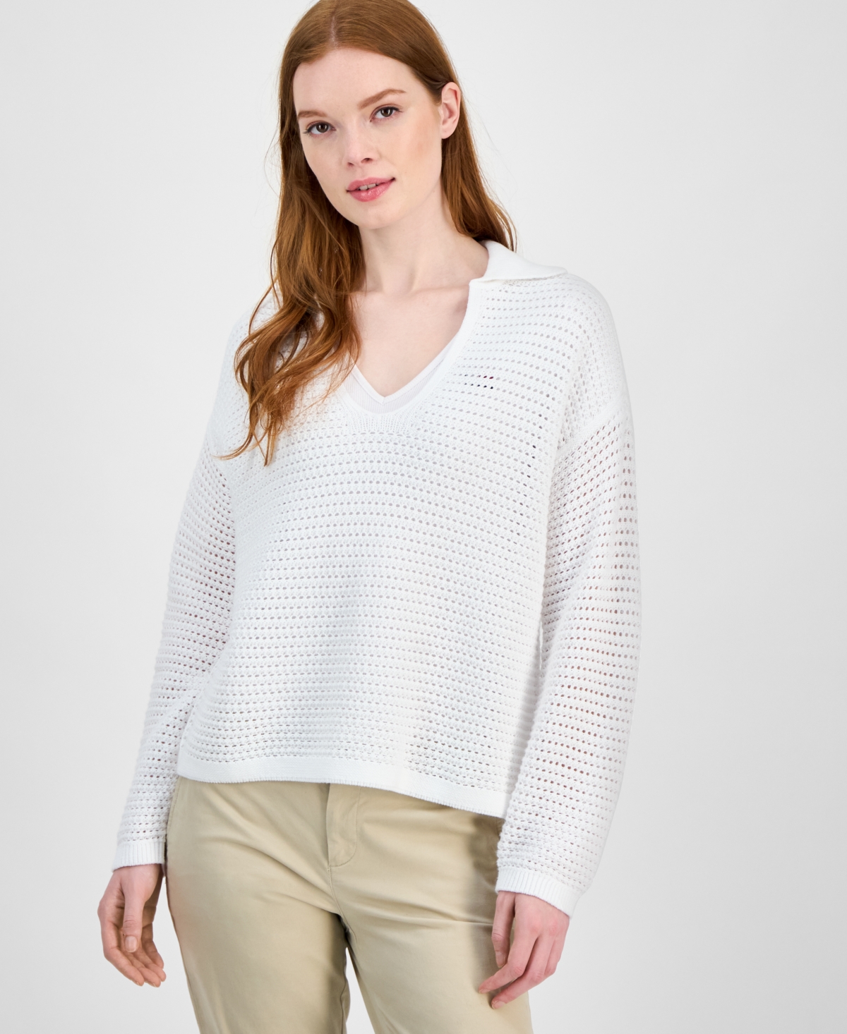 Women's Open-Stitch Johnny-Collar Sweater - Bright White