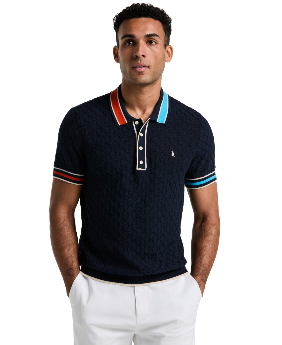 Men's Slim-Fit Cotton Pointelle Blocked Ribbed Sweater Polo Shirt - Dark Sapphire