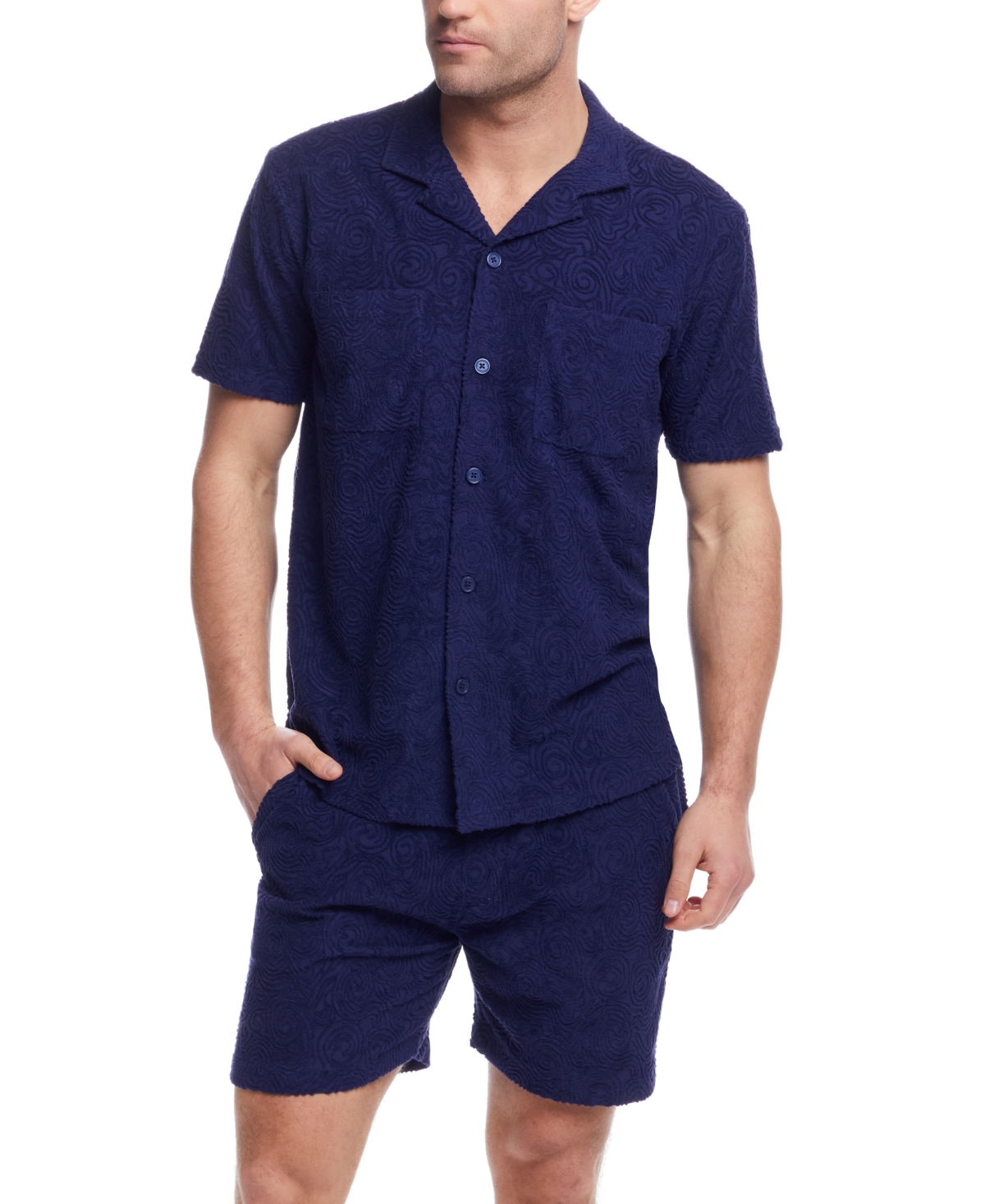 Men's Short Sleeve Terry Coat Front Jacquard Button-Front Shirt - Navy