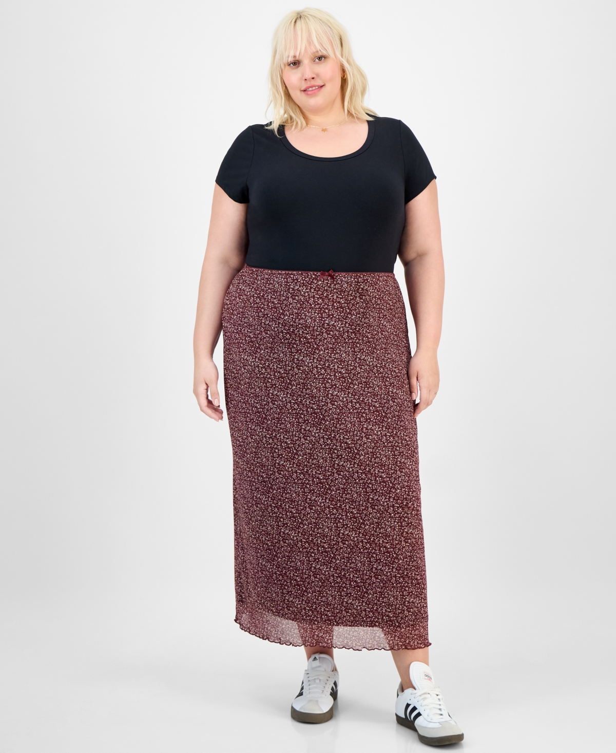Trendy Plus Size Pull-On Mesh Midi Skirt - Wine Floral