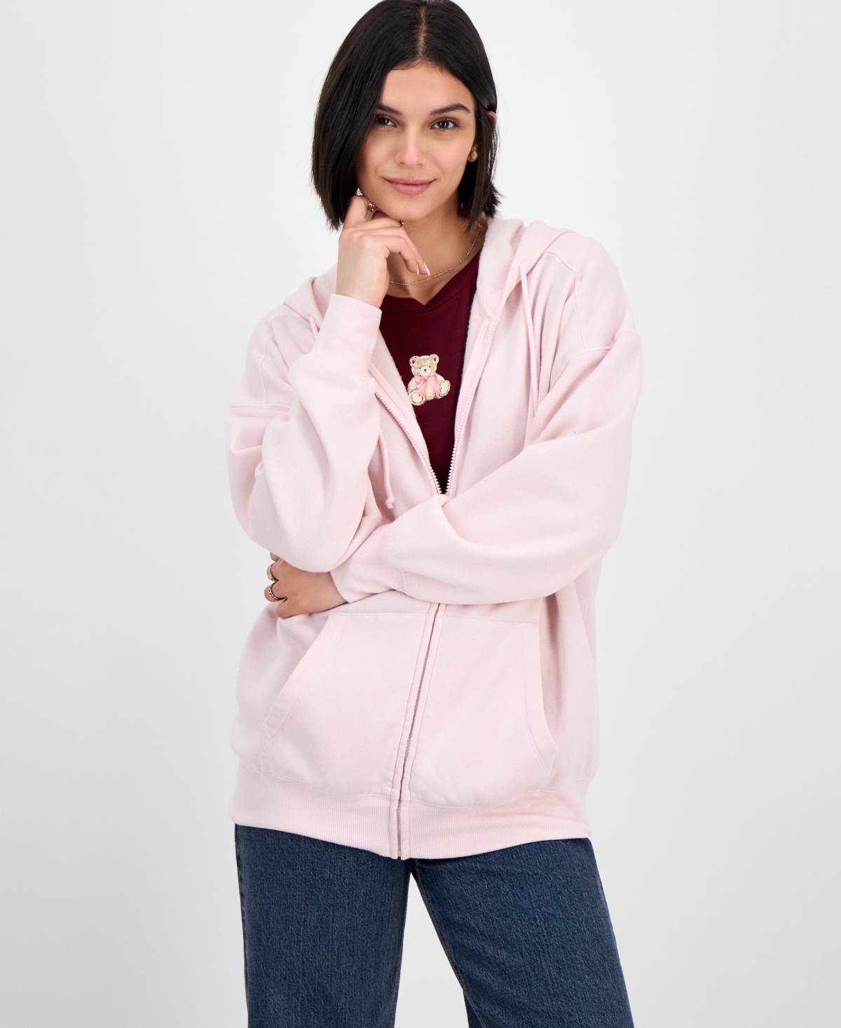 Juniors' Oversized Full-Zip Hoodie - White Heather Grey