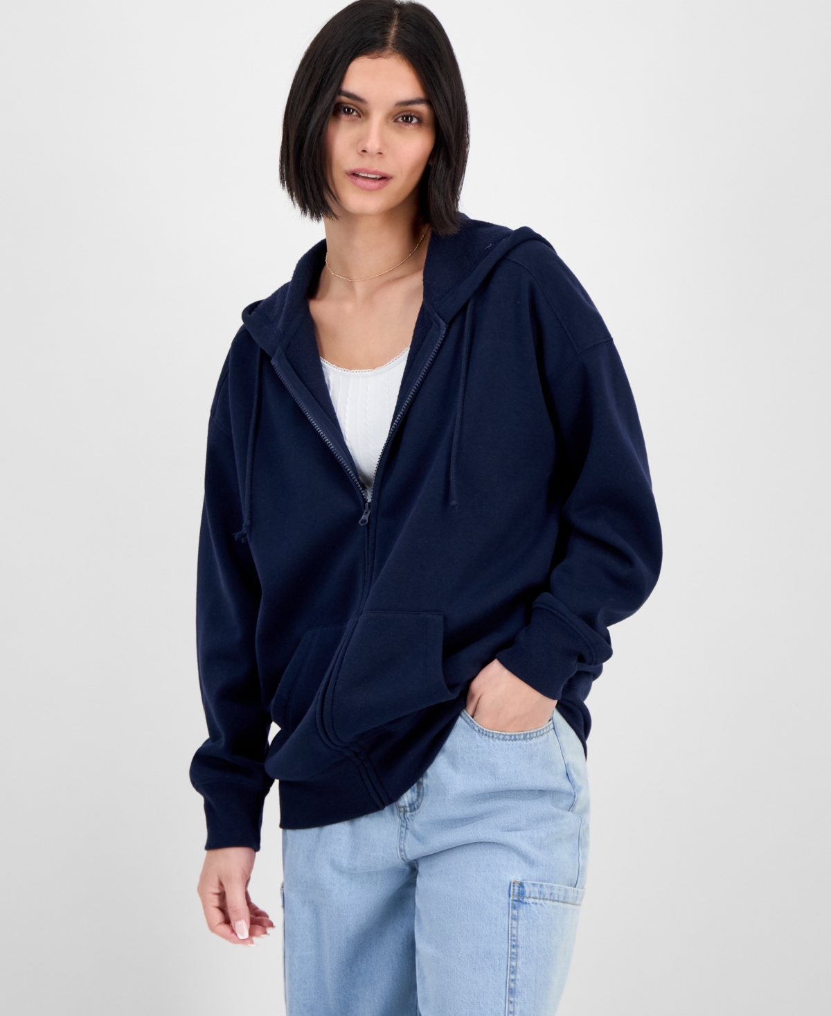 Juniors' Oversized Full-Zip Hoodie - White Heather Grey