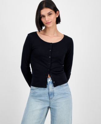 Juniors' Long-Sleeve Button-Front Knit Top
