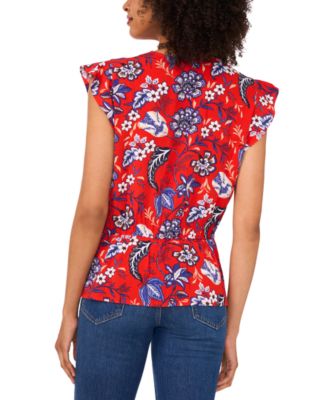 Women's Printed Smocked Flutter-Sleeve Peplum Top